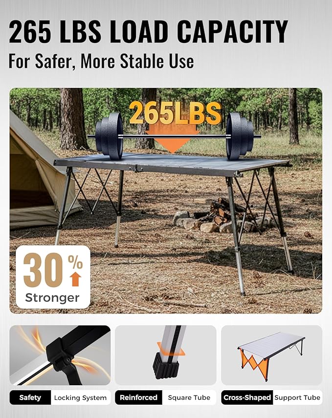 KingCamp Folding Camping Table Foldable, 55.1" x27.6" Aluminum Roll Up Table with Adjustable Height 6-7 Person Camp Tables Outdoor with Carrying Bag for BBQ, Patio, and Picnic Loads 265 Lbs