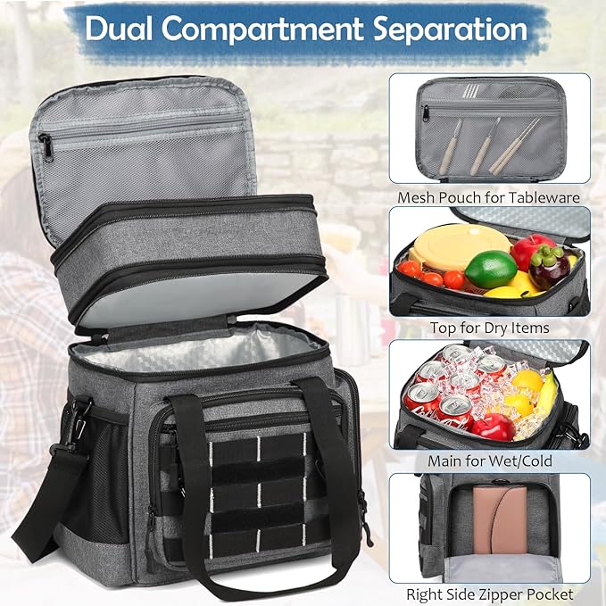 Tactical Lunch Box for Men - 25L Large Insulated Lunch Bag Cooler Bag, Expandable Double Deck Soft Mens Lunchbox for Work, Camping, Picnic, Hiking, Beach Trip, Outdoor & Travel, Gray