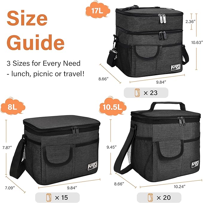 Tirrinia Insulated Large Lunch Bag for Women Men, Leakproof Lunch Box Containers for Adults, Work, School, Soft Lunchbox for Kids, Boys, Adult Cooler Bag for Picnic, Hiking,Beach, Black