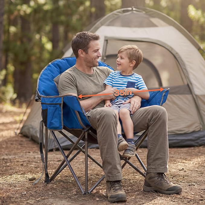 Romswi 2PK Oversized XL Padded Camping Chair for Adults, 500lbs Support Heavy-Duty Padded Folding Chair with Side Pocket Cup Holder, Wide&Thick, for Outdoor,Blue and Gray