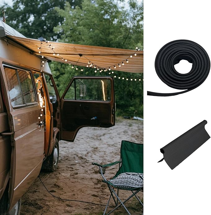 5.4 Yards Awning Rail Piping, Black Awning Rail Insert with Solid PVC Core, 6mm Double Flap Awning Tent Piping Insert for RV Camping Caravan Camping Tent Accessories