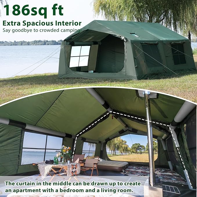 Oxford Inflatable Tent for Camping with Hand Pump, 4 Season Glamping Tents with Stove Jack for 8-12 Person, Waterproof Outdoor Party Camping Festival