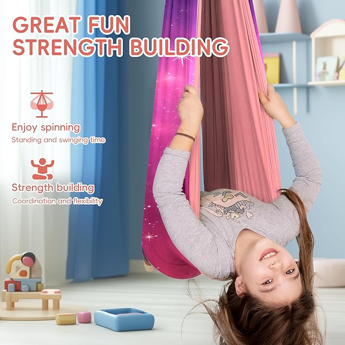 OUTREE Sensory Swing for Kids, Double Layer Therapy Hammock, Indoor Swing with 360° Swivel Hanger Kit and Adjustable Straps, Autism Sensory Product for Autism, ADHD or SPD (Pink Starry-Sky Printed)