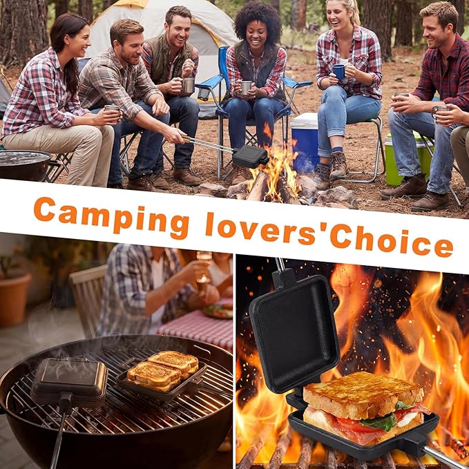 Outdoor pie irons for camping - with heat-resistant, detachable handles, includes a storage bag, easy to clean, perfect for grilling sandwiches and pies over a campfire (2-pack)