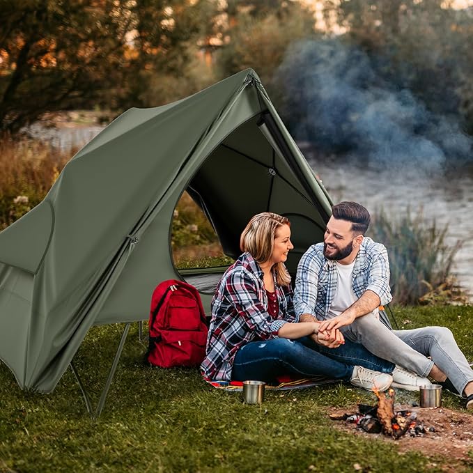 GYMAX 2-Person Camping Cot Tent, Foldable Off-Ground Cot Bed Combo with Portable Wheeled Bag, Waterproof Rainfly, 2 Mesh Doors & Skylight Roof for Adults, Hiking, Backpacking, Outdoor