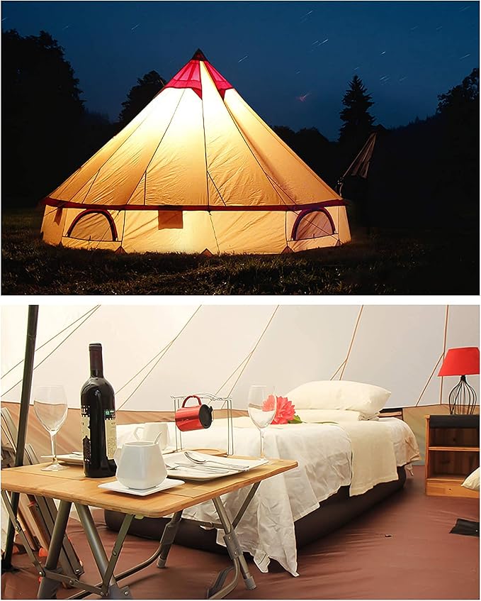 Round Bell Tent, 4m Bell Tent with Zippered Mesh Door and Windows Outdoor Waterproof Large Tent Canvas Yurt Tent 3-10 Persons Family Camping Tent Glamping,Portable Foldable Tent Easy to Install