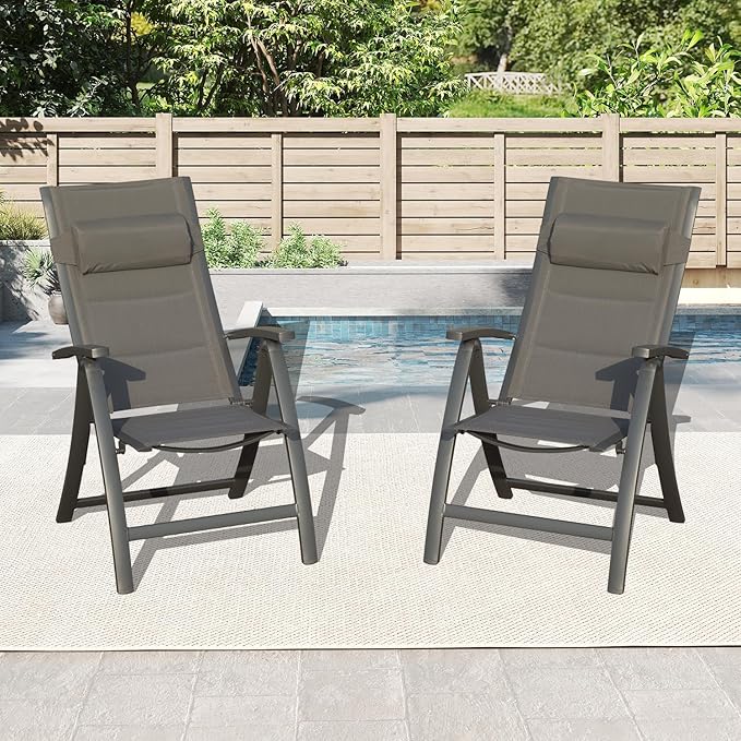 Domi Patio Outdoor Sling Chairs Set of 2 with Moveable Headrest, Folding Chairs Outdoor Reclining Camping Chairs with Armrest Adjustable High Backrest and Padded Textilene Fabric Seat