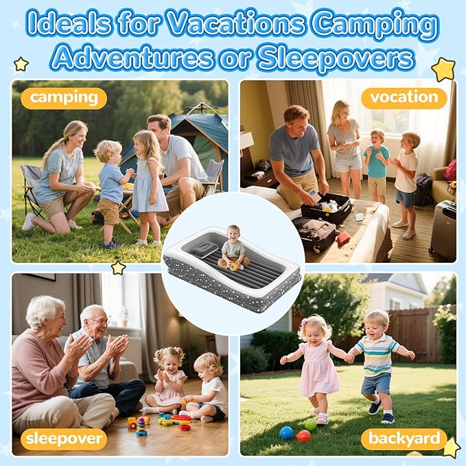 Inflatable Toddler Travel Bed - 67'' Large Size Safety Kids Air Mattress with 4 Sides - Portable Camping Bed for Outdoor Sleepovers, Easy to Inflate & Deflate with Storage Bag & Pump, Grey