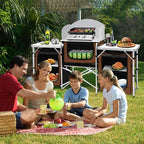 Seeutek Camping Kitchen Table, Aluminum Portable Outdoor Cooking Table, Foldable Camp Table with Windscreen and 3 Storage Cupboards Multifunctional for BBQ, Party, Picnics & Outdoor Brown