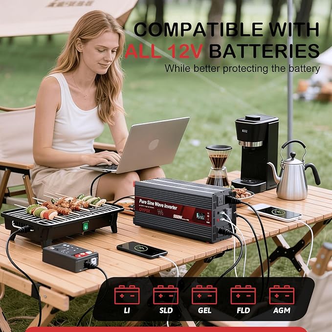5000W Power Inverter 12V to 110V 120V AC Pure Sine Wave Inverters for RV Truck Camping,Outdoor Off-Grid Power Converter with LCD Display,Wired Controller,AC Outlets USB Ports(12V-5000Watt)