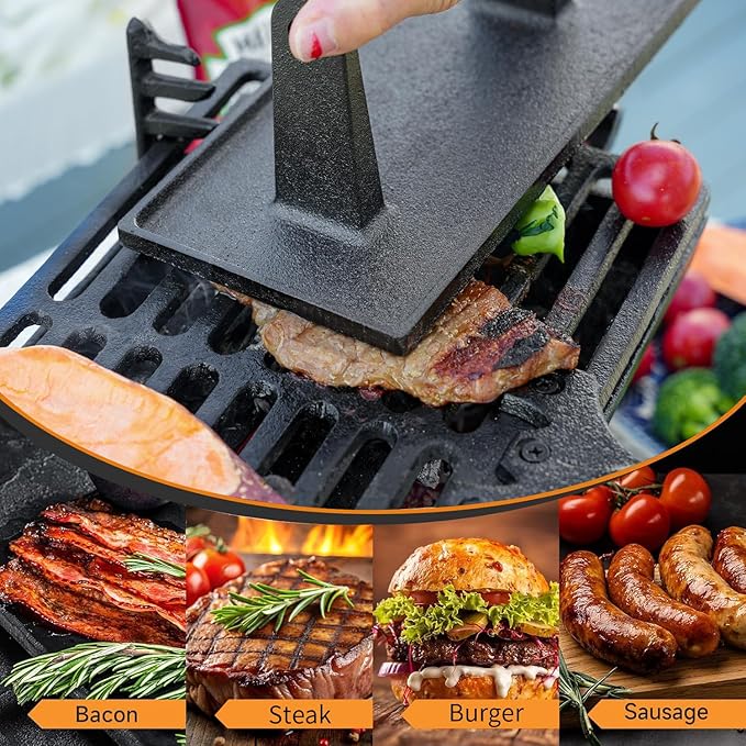 Sungmor Heavy Duty Cast Iron Grill Press, 8.7" x 4.3" Rectangel Burger Press Bacon Smasher with Wood Handle, Meat Steak Weight for Blackstone Grill,Outdoor Griddle, Kitchen Barbecue Press Tool