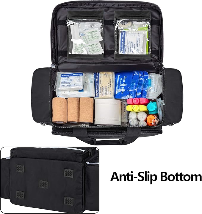 Trunab First Aid Bag Empty Medical Duffel First Responder Trauma Storage with Inner Dividers and No-scratch Bottom, Ideal for EMT, EMS, Paramedics, Bag Only, Black