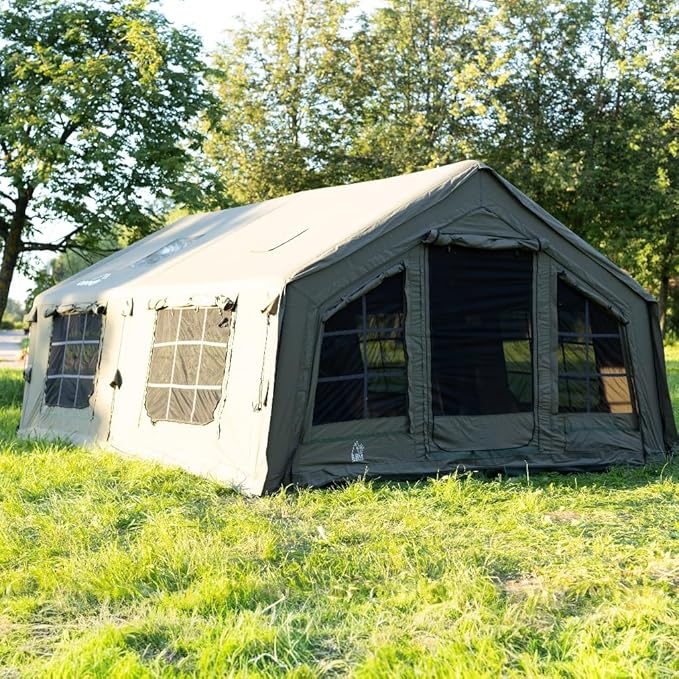 Coody Inflatable Canvas Camping Tents with Stove Jack – Premium Air Beam Family Glamping Tent, Breathable Cotton Canvas, Fast Setup Air Tent with Pump