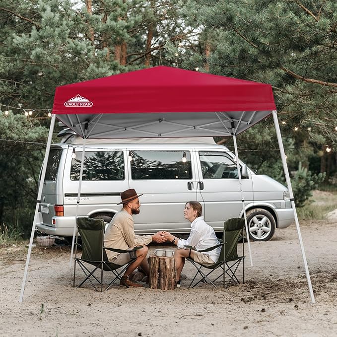 EAGLE PEAK 8x8 Slant Leg Pop-up Canopy Tent Easy One Person Setup Instant Outdoor Beach Canopy Folding Portable Sports Shelter 8x8 Base 6x6 Top (Red)