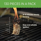 Inflame Fire Starters 130 pcs Fire Starters for Campfires, Grill, BBQ, Fireplace, Woodstove - Charcoal Starter - Waterproof, Weather-Resistant - Natural Wood Fireplace Starters