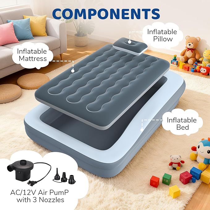 Inflatable Toddler Travel Bed - 64 Inches Grey Kids Air Mattress with Safety Sides & Fast Electric Pump - Portable Toddler Bed for Travel & Camping & Sleeping with Carry Bag
