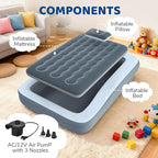 Inflatable Toddler Travel Bed - 64 Inches Grey Kids Air Mattress with Safety Sides & Fast Electric Pump - Portable Toddler Bed for Travel & Camping & Sleeping with Carry Bag