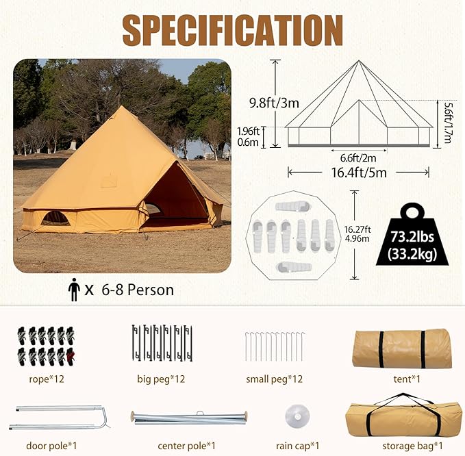 Cotton Canvas Bell Tent with Stove Jack, Roomy Yurt for Family Glamping Camping, 4 Season Tent with Zipped Removable Floor