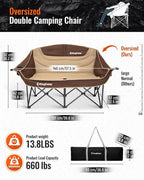 KingCamp Double Camping Chair, Oversized 660lbs Heavy Duty Loveseat for Adults Portable Folding XL 2 Person Couch Padded Comfortable Two Seat with Cup Holder for Outdoor Lawn Backyard, Khaki/Coffee