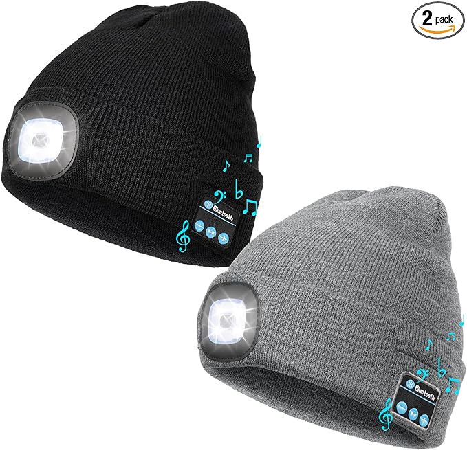 Wmcaps Stocking Cap Stuffers Bluetooth Beanie with A Light, 2-Pack Flashlight Headlamp Winter Hat Gifts for Men Women Dad Him