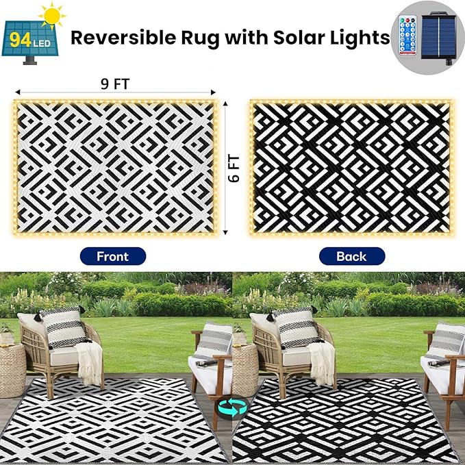 Outdoor Rug 6x9Ft, Solar Powered Outdoor Camping Rug with 94LEDs Strip Lights, Waterproof Plastic Reversible Outdoor Straw Rug, Rug Mat for RV Camping Patio Beach Balcony House Deck Picnic