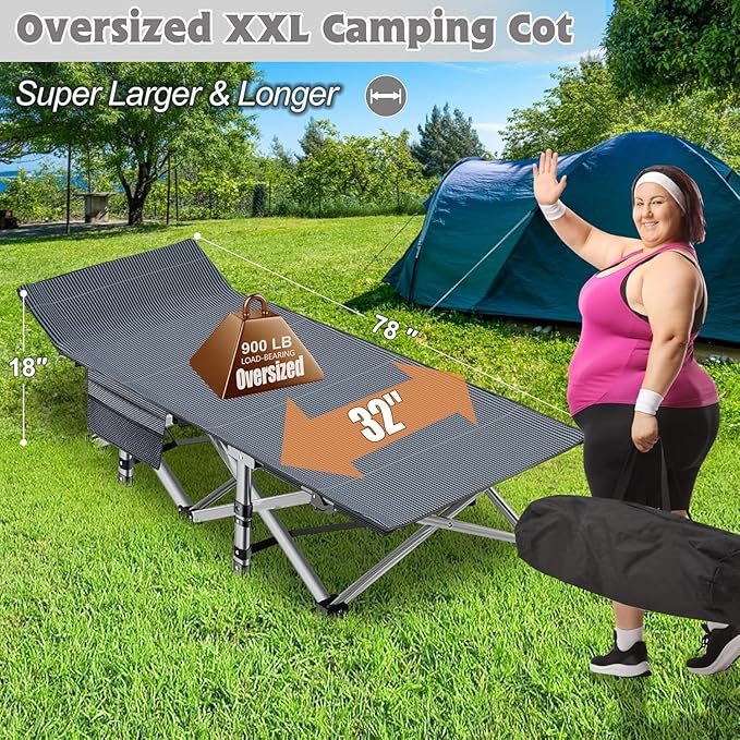ABORON XXL Camping Cot with 2in Memory Foam Trifold Mattress, 900LBS Heavy Duty Sleeping Cot for Adults, Extra Wide Sleeping Cot, 1200D Double Layer Oxford Cot for Camping, Guest, Office Nap