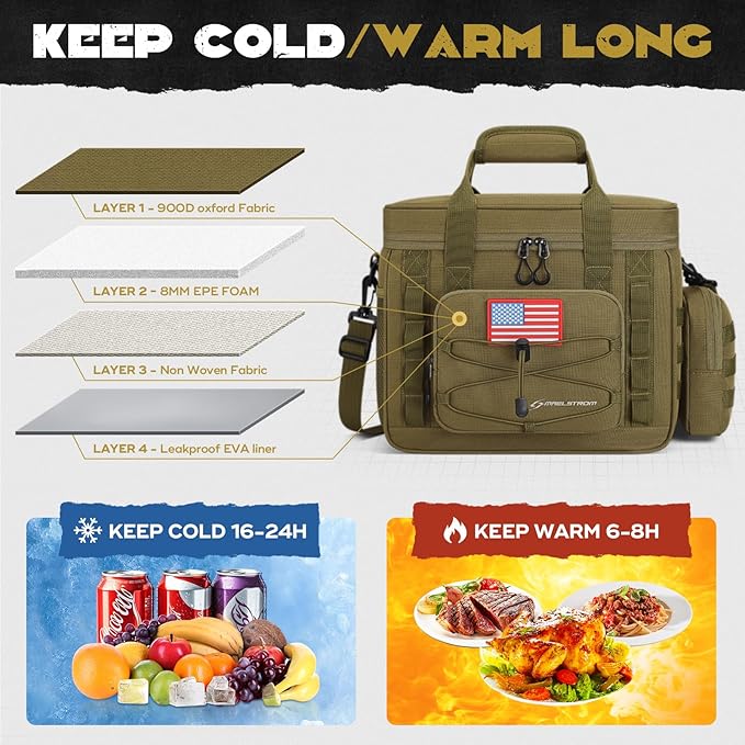 Maelstrom Tactical Lunch Box, Insulated Lunch Bag for Men, Large Durable Leakproof Cooler Bag with Detachable MOLLE Bags, Modern Lunch Tote for Adult Women Work,Picnic,20 Cans/15 L, Khaki