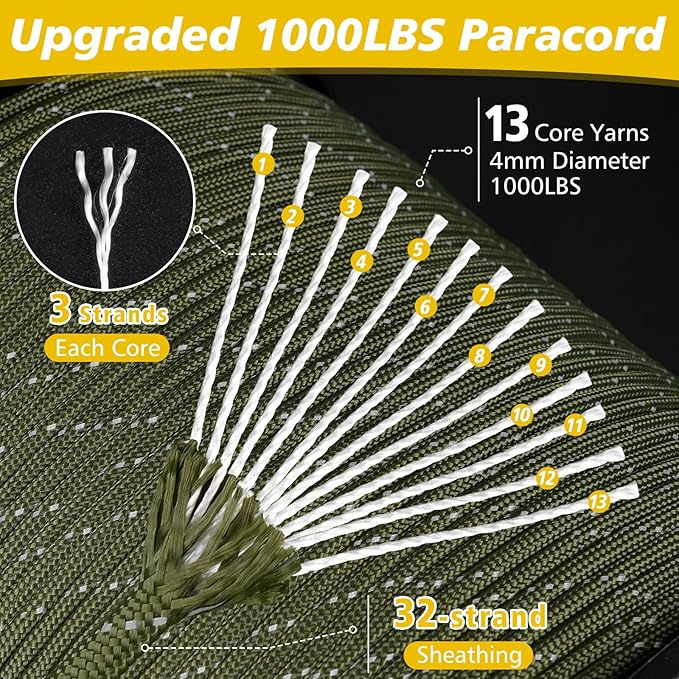 X XBEN Paracord Reflective 1000lb, 50/100/200/500/1000ft 4mm, 13 Strand Parachute Spool Cord, Survival Rope for Camping, Fishing, Hiking, Tent, Clothesline, DIY Crafts & Survival Bracelet, Neon Green