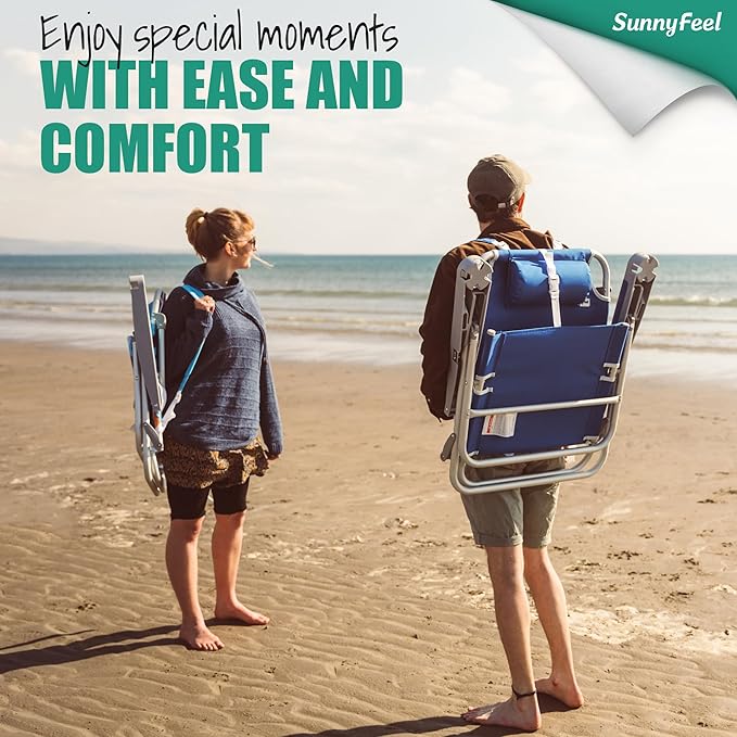 SUNNYFEEL Folding Beach Chair, Aluminum Heavy Duty Beach Chair with 5-Position, Portable Camping Chair for Adult, Low Back, Wood Armrest, Lightweight, 300lbs, Blue Stripe, 2 Pack