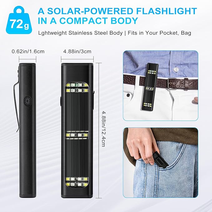 Solar/Rechargeable Flat Flashlights, 900 Lumens EDC Tactical Flashlight, Multi Function LED Small Flashlight, 7 Modes IP65 Waterproof for Home, Camping,and Emergency Use (Black)