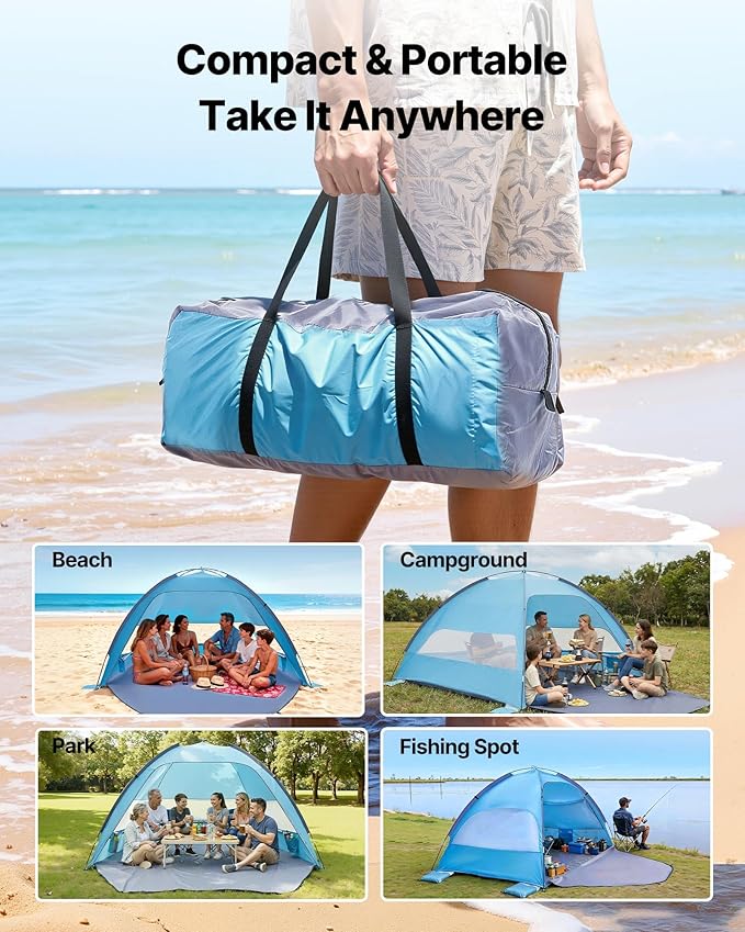 VEVOR Beach Tent Sun Shelter for 6 Person, UPF 50+ Protection, Portable Sun Shade Beach with Carrying Bag & Sand Pockets, Lightweight and Easy Setup Beach Umbrella for Camping Fishing Outdoor Picnic
