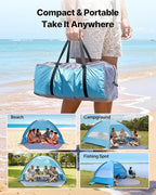 VEVOR Beach Tent Sun Shelter for 6 Person, UPF 50+ Protection, Portable Sun Shade Beach with Carrying Bag & Sand Pockets, Lightweight and Easy Setup Beach Umbrella for Camping Fishing Outdoor Picnic