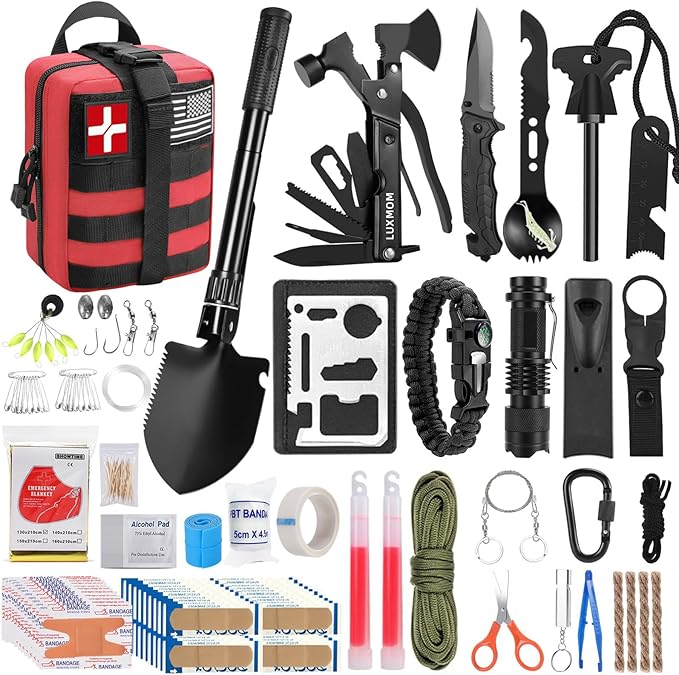 LUXMOM Gifts for Men Dad Christmas, Survival Kit and First Aid Kit, 142 Pcs Survival Gear and Equipment with Molle Pouch, Camping Essentials for Men Outdoor Adventure