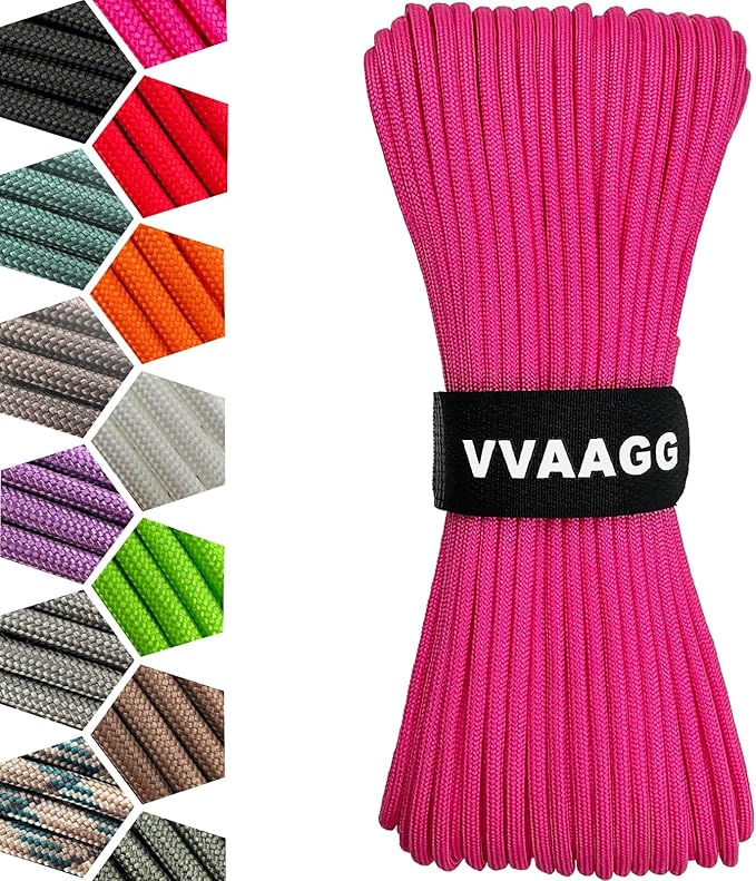 VVAAGG 1000 Paracord Rope, 50ft 12 Strand Parachute Cord for Crafting, DIY Projects, Survival Bracelets,Camping, Tent,Outdoor Hiking, Fishing (Pink, 50FT)