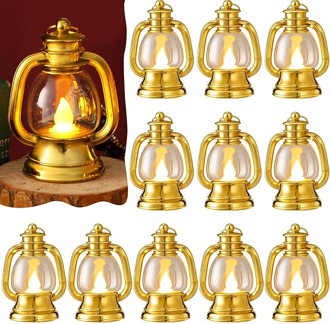Ferraycle 12 Pcs Mini Lantern Decor 4 Inch Western Lantern Table Centerpiece Small Vintage Camping Hanging Lamp Ornaments Bulk for Cowboy Cowgirl Wedding Halloween Christmas (4 Inch,Gold)