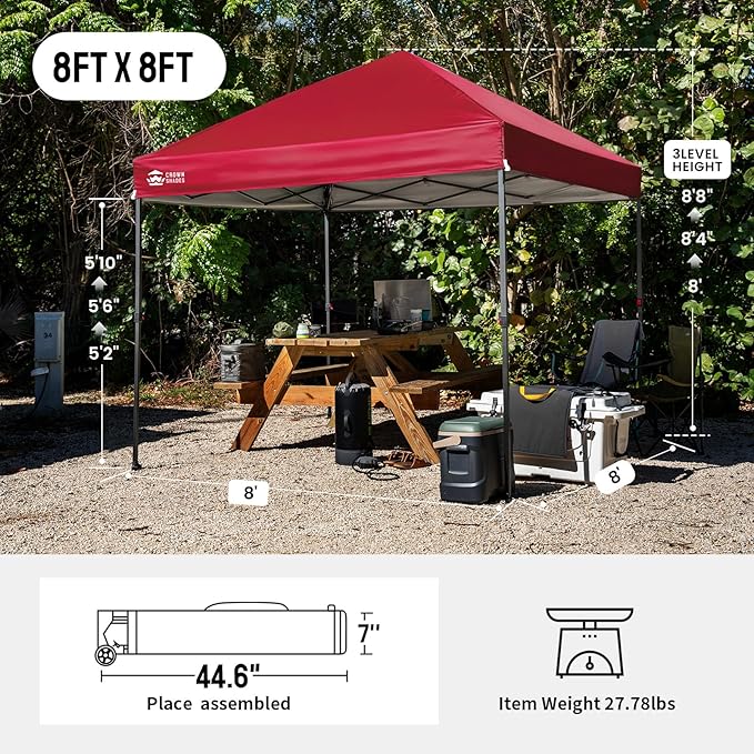 CROWN SHADES 8x8 Pop Up Canopy - Patented Center Lock One Push Instant Outdoor Canopy Beach Tent with STO-N-Go Bag 8 Stakes & 4 Sand Bags,Red