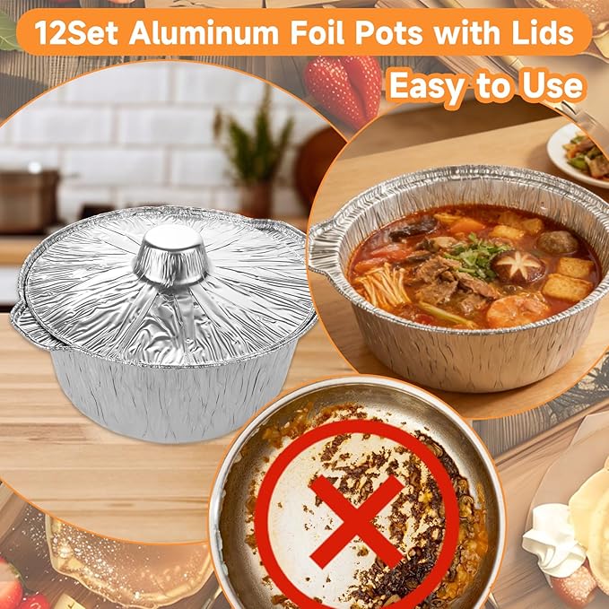 JMIATRY 12 Pack Disposable Aluminum Pot with Lid 120OZ Disposable Pots And Pans Round Aluminum Foil Dutch Oven Liners Disposable Cookware For Camping, Vacation Trip, Picnic, Restaurant (3.8QT)