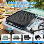 Ceramic Nonstick Reversible Griddle for Coleman Cascade & Triton, 8.5" x 8.5" Square Flat & Ribbed Camping Griddle (1 Pack) | Built-In Storage Fit, No-Wobble Stable Design, For 2-Burner Camp Stoves