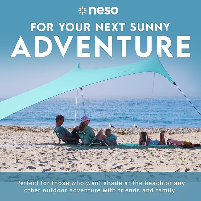 Neso Gigante Portable Beach Tent Sun Shelter - Lightweight Beach Shade Canopy - Easy Setup for Family Outings - Patented Reinforced Corners - UPF 50+ Sun Protection - 8ft Tall, 11 x 11ft - Seafoam