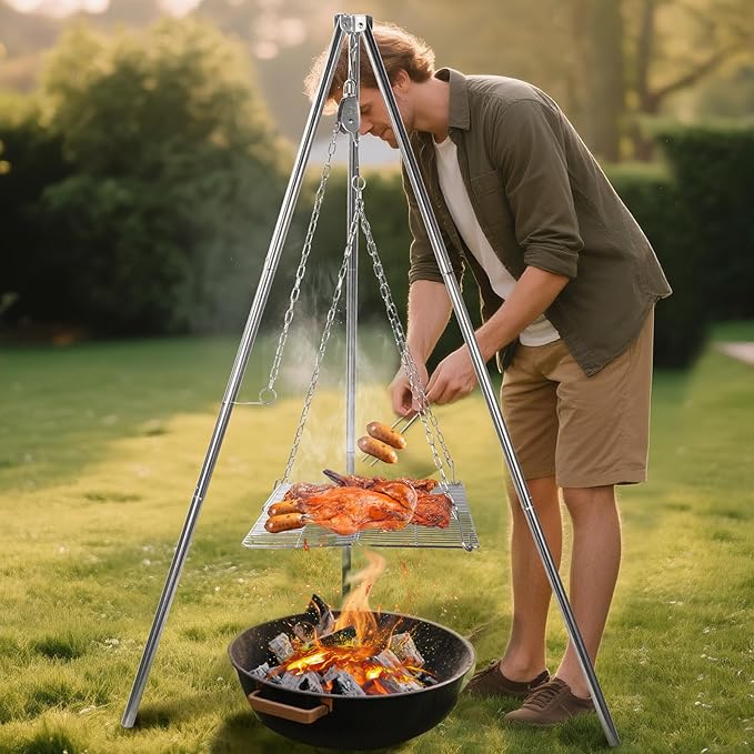 Lineslife Campfire Tripod for Cooking, 44 Inch Lightweight Stainless Steel Adjustable Camping Tripod with Chain, Portable Folding Stand for Grill Dutch Oven BBQ & Outdoor Camping - Carry Bag
