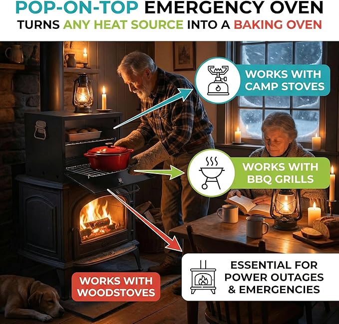 Camping Oven - Pop-On-Top Full Size Baking Oven for Outdoor, RV, Tent Camping, Preppers, Emergency.