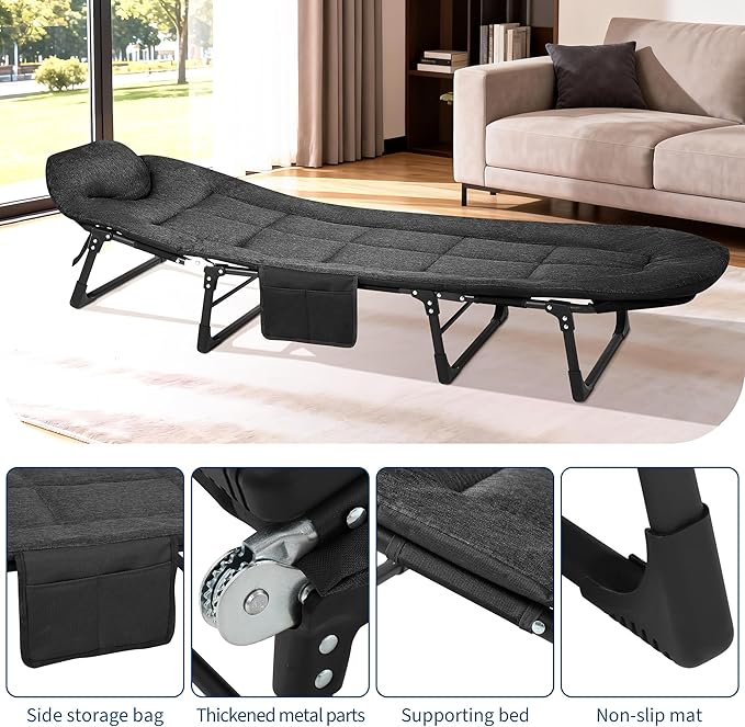Garvee 79" Portable Folding Bed with Cushion and Pillow, Camping Cot for Adults with Supports 500 Lbs, Lightweight Tent Cot for Patio Beach Indoor Outdoor, Black