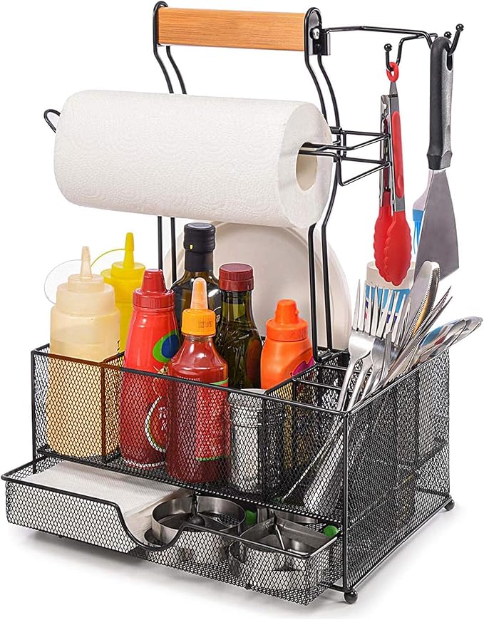 BBQ Grill Caddy with Paper Towel Holder, Utensil & Condiment Organizer, Large Metal BBQ Caddy for Outdoor Grill, Camping, RV, Tailgating, Picnic, Patio, Gifts for Men