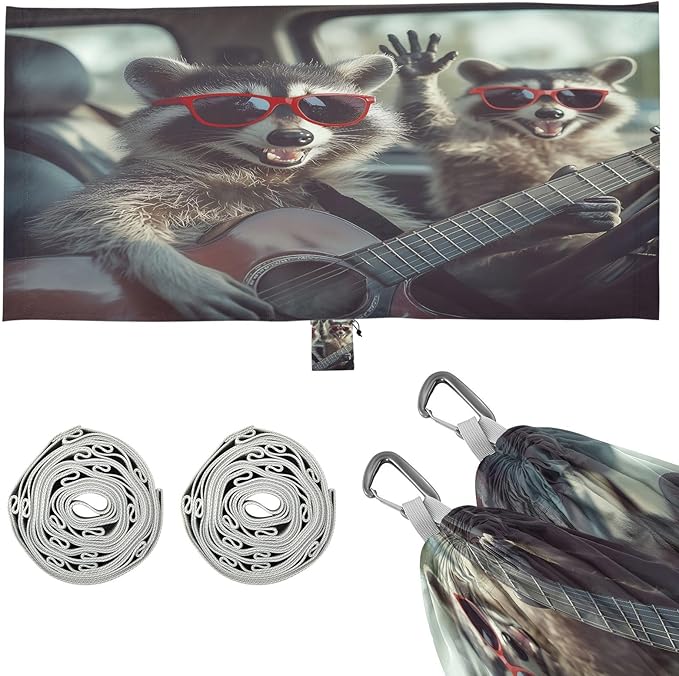 Funny Raccoons with Glasses Camping Hammock Single Portable Hammocks 330 lbs Capacity with 2 Tree Straps and Attached Carry Bag,Perfect for Outdoor,Indoor,Beach,Camping,Travel