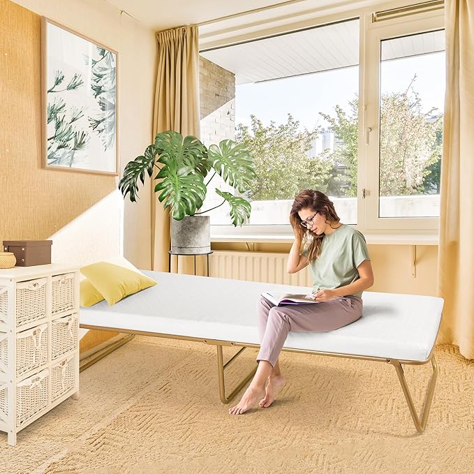 MAMIZO Folding Bed 75" x 31", Rollaway Bed with Mattress for Adults, Metal Frame with Memory Foam Mattress, Guest Bed for Bedroom,Office,Camp,No Assembly Required,Gold