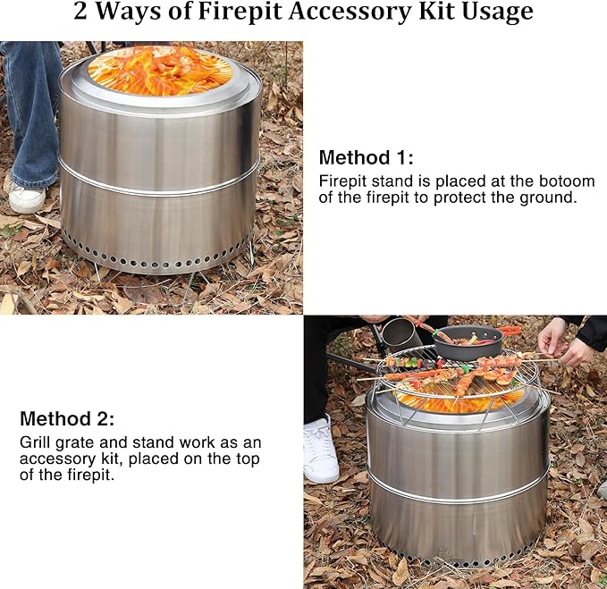 Lineslife Fire Pit Accessory Kit for 19.5" Solo Stove Bonfire and Other Firepit, Stainless Steel Round Grill Cooking Grate & Fire Pit Stand for Outdoor Camping BBQ Picnic Fireplace Tools Silver