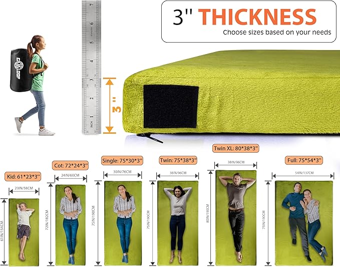 3 Inch Memory Foam Camping Mattress, Dual Layer Thick Sleeping Camp Pad for Car Tent Cot, Roll-Up Portable Glamping Floor Bed for Guests Sleepover