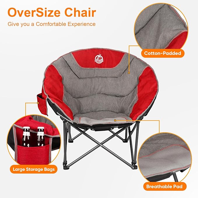 Northroad XXL Camping Moon Chair,Oversized Round Chair,Folding Padded Saucer w/Side Pocket,500lbs Capacity for Outdoor Hiking Fishing Picnic Lawn,Red&Grey