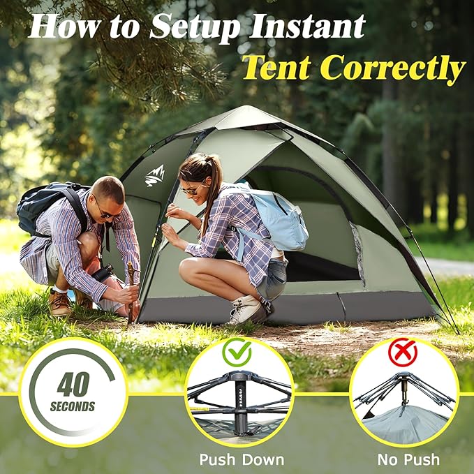 2-3 Person Camping Tent, Instant Pop Up Tents for Camping - 40s Automatic Easy Setup Tent with Rainfly, Double-Layer 3500mm Waterproof & Windproof Instant Tents for Hiking Backpacking