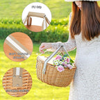 STBoo Picnic Basket for 4, Insulated Wicker Hamper with Folding Table, Willow Picnic Baskets Set with Large Insulated Cooler Bag for Camping Outdoor(Beige)